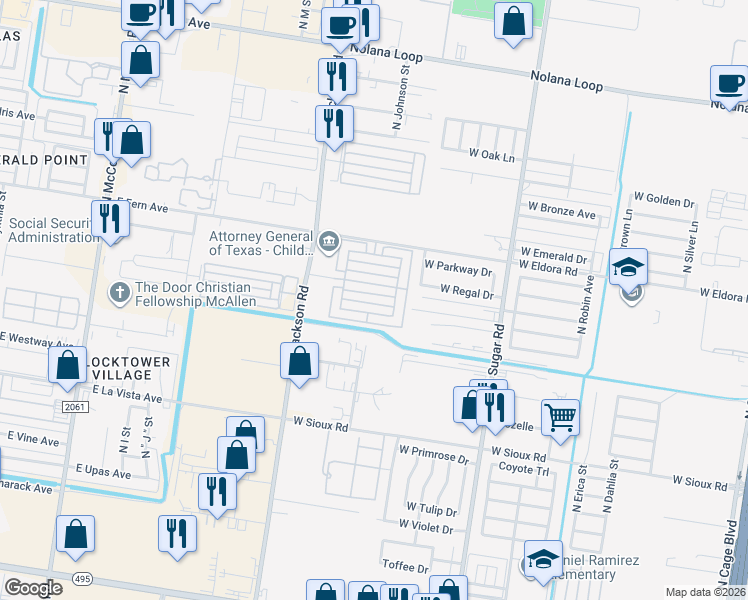 map of restaurants, bars, coffee shops, grocery stores, and more near 1104 North Hummingbird Drive in Pharr