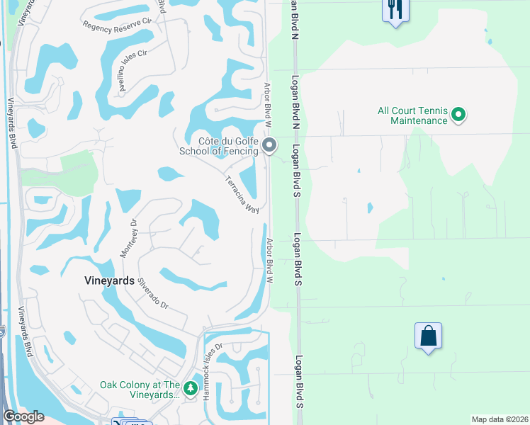 map of restaurants, bars, coffee shops, grocery stores, and more near 488 Terracina Way in Naples