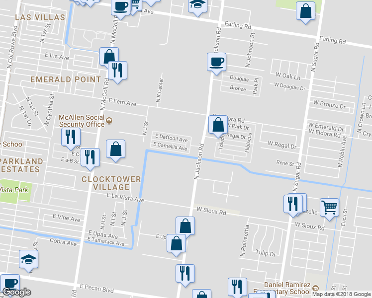 map of restaurants, bars, coffee shops, grocery stores, and more near 1321 East Camellia Avenue in Pharr
