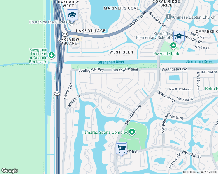 map of restaurants, bars, coffee shops, grocery stores, and more near 10303 Northwest 80th Drive in Tamarac
