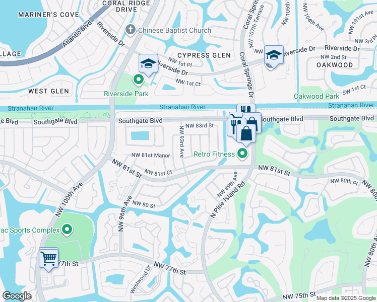 map of restaurants, bars, coffee shops, grocery stores, and more near 8110 Northwest 93rd Avenue in Tamarac