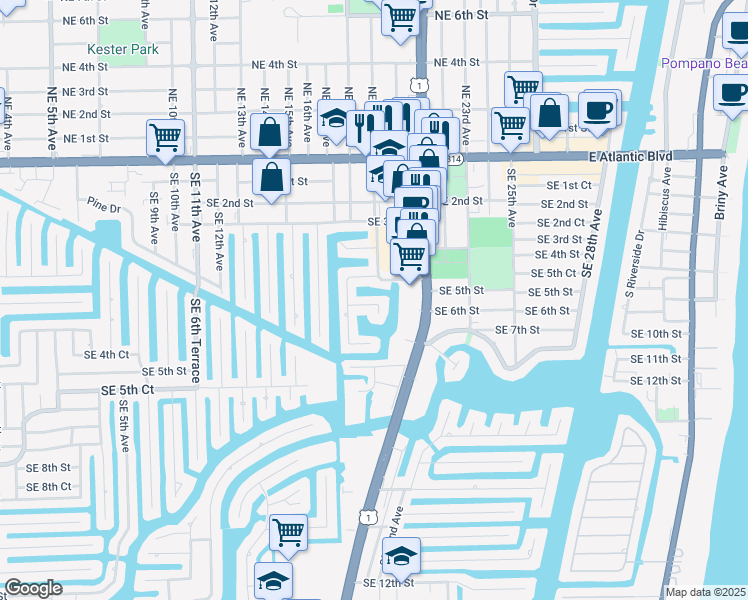 map of restaurants, bars, coffee shops, grocery stores, and more near 1880 Southeast 6th Street in Pompano Beach