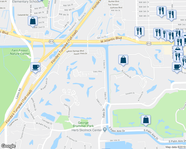 map of restaurants, bars, coffee shops, grocery stores, and more near 3510 Oaks Way in Pompano Beach