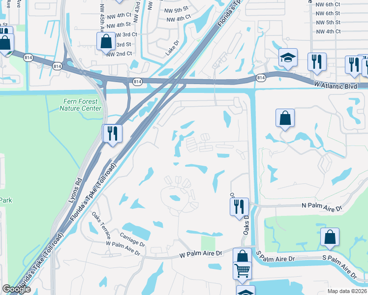 map of restaurants, bars, coffee shops, grocery stores, and more near 3507 Oaks Way in Pompano Beach