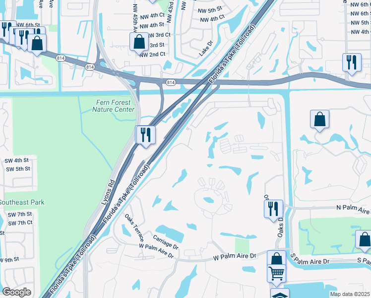 map of restaurants, bars, coffee shops, grocery stores, and more near 496 West Palm Aire Drive in Pompano Beach