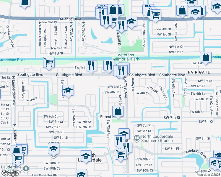 map of restaurants, bars, coffee shops, grocery stores, and more near 7215 Southwest 4th Street in North Lauderdale