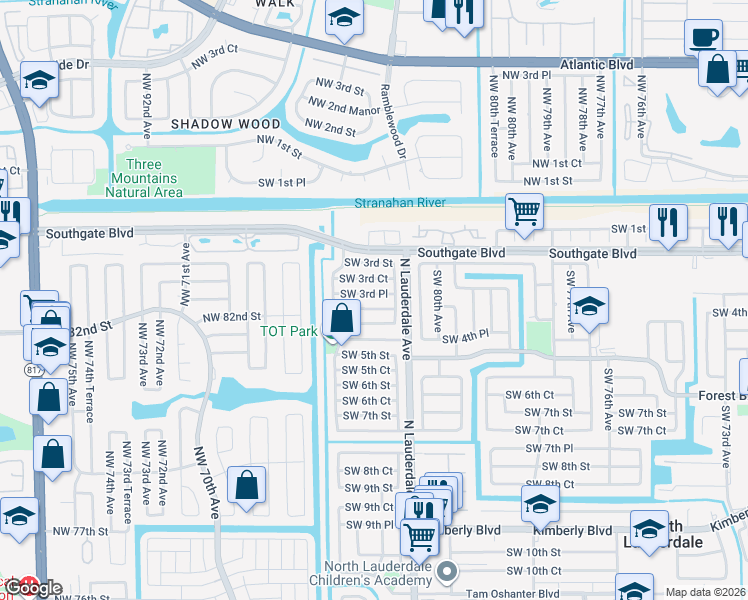 map of restaurants, bars, coffee shops, grocery stores, and more near 8141 Southwest 4th Street in North Lauderdale