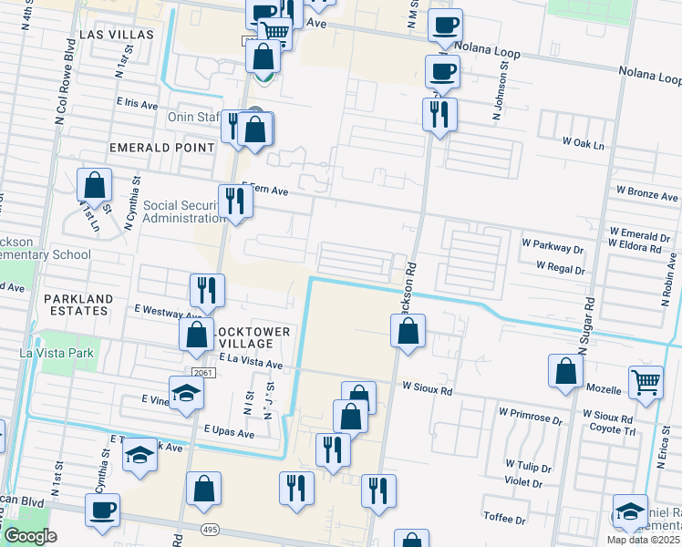 map of restaurants, bars, coffee shops, grocery stores, and more near 1206 East Camellia Avenue in McAllen