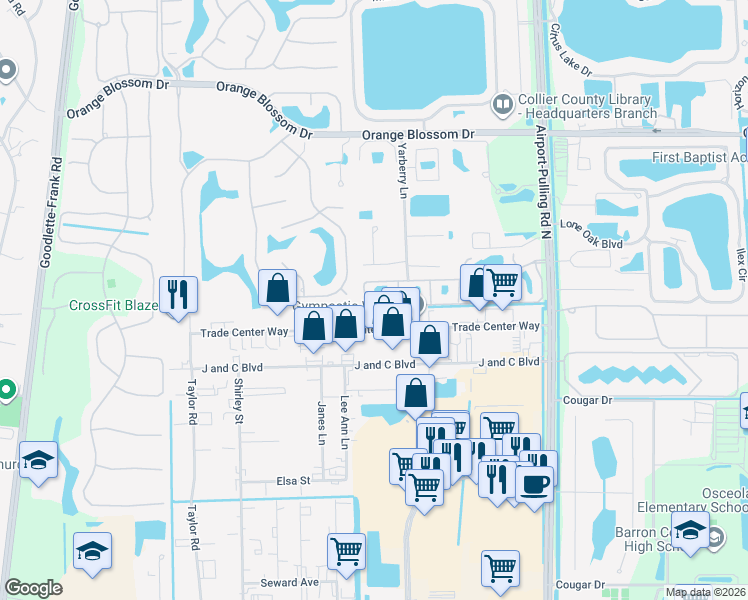 map of restaurants, bars, coffee shops, grocery stores, and more near 2082 Arbour Walk Circle in Naples