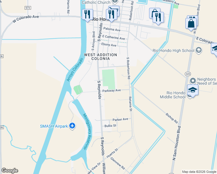 map of restaurants, bars, coffee shops, grocery stores, and more near Parkway Ave in Rio Hondo