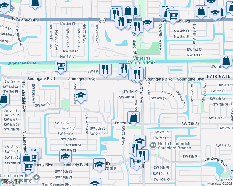 map of restaurants, bars, coffee shops, grocery stores, and more near 401 Southwest 74th Avenue in North Lauderdale