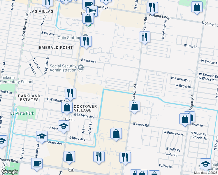 map of restaurants, bars, coffee shops, grocery stores, and more near 1206 East Camellia Avenue in McAllen