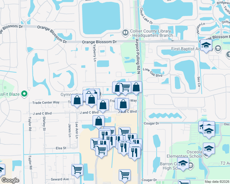 map of restaurants, bars, coffee shops, grocery stores, and more near 2349 Trade Center Way in Naples