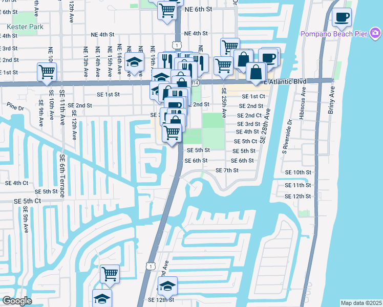 map of restaurants, bars, coffee shops, grocery stores, and more near 2223 Southeast 6th Street in Pompano Beach