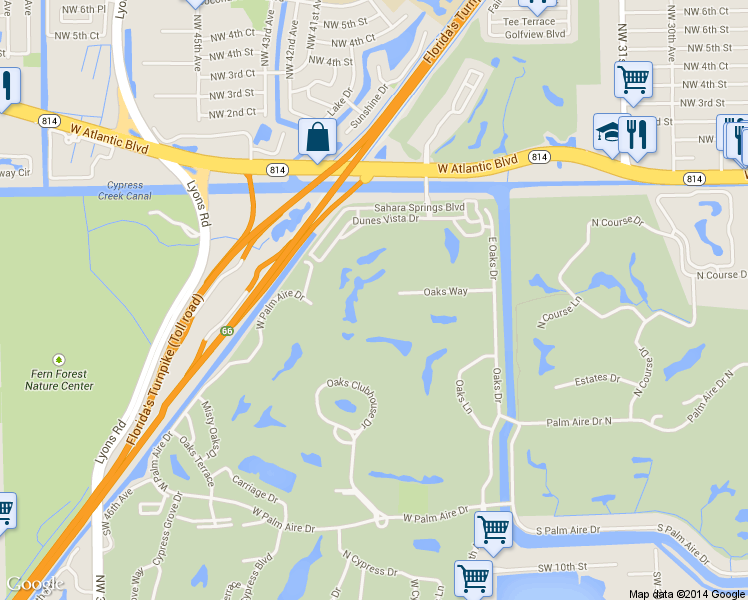 map of restaurants, bars, coffee shops, grocery stores, and more near 3507 Oaks Way in Pompano Beach