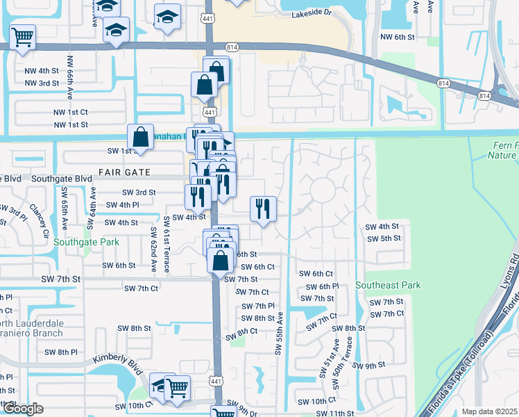 map of restaurants, bars, coffee shops, grocery stores, and more near 5521 Monte Carlo Place in Margate
