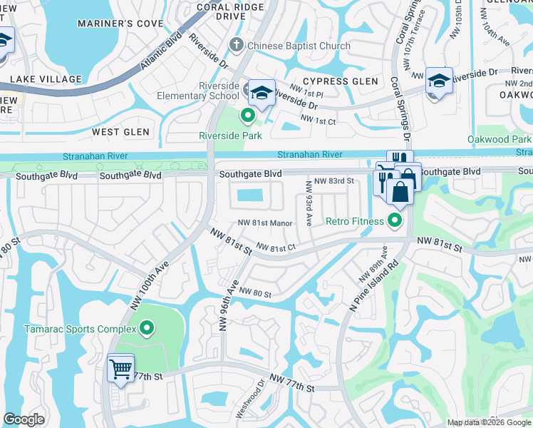 map of restaurants, bars, coffee shops, grocery stores, and more near 9411 Northwest 81st Manor in Tamarac