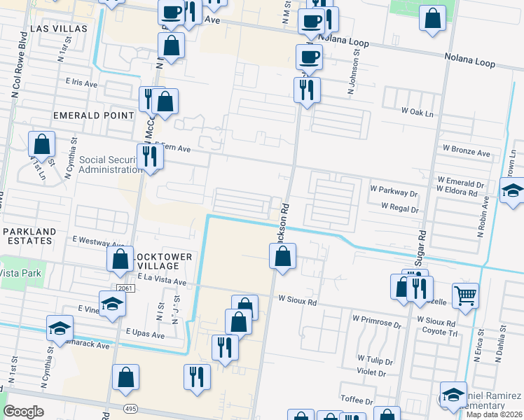 map of restaurants, bars, coffee shops, grocery stores, and more near 1324 East Camellia Avenue in McAllen