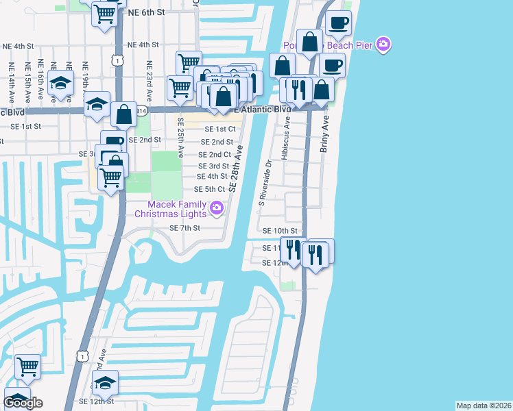 map of restaurants, bars, coffee shops, grocery stores, and more near 3203 Southeast 8th Street in Pompano Beach