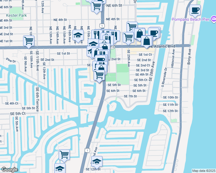 map of restaurants, bars, coffee shops, grocery stores, and more near 2223 Southeast 6th Street in Pompano Beach