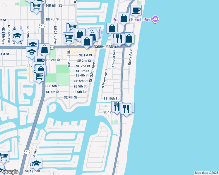 map of restaurants, bars, coffee shops, grocery stores, and more near 3212 Southeast 7th Street in Pompano Beach
