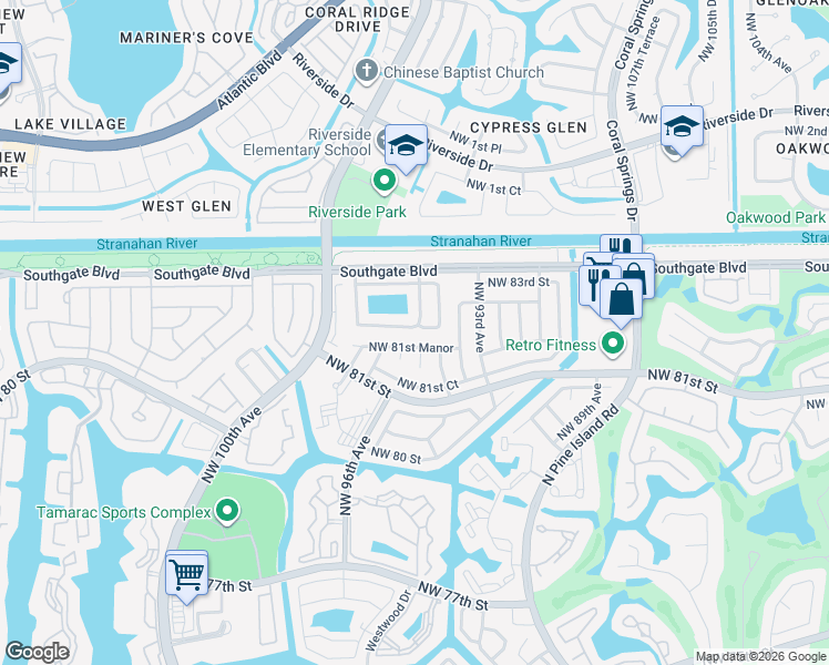 map of restaurants, bars, coffee shops, grocery stores, and more near 9411 Northwest 81st Manor in Tamarac