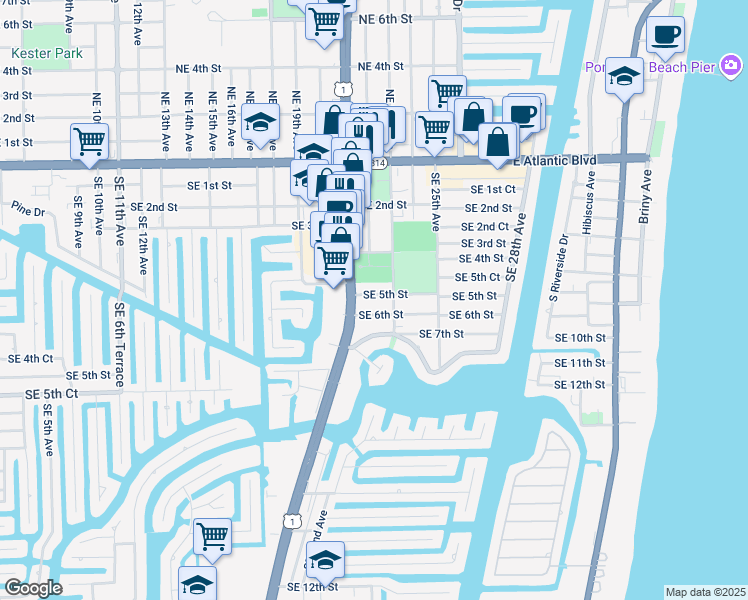 map of restaurants, bars, coffee shops, grocery stores, and more near 2223 Southeast 6th Street in Pompano Beach