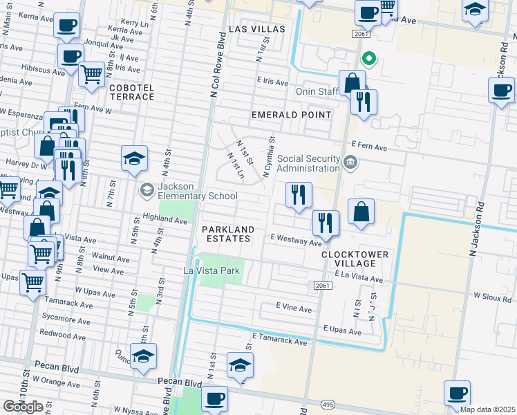 map of restaurants, bars, coffee shops, grocery stores, and more near 115e East Whitewing Avenue in McAllen