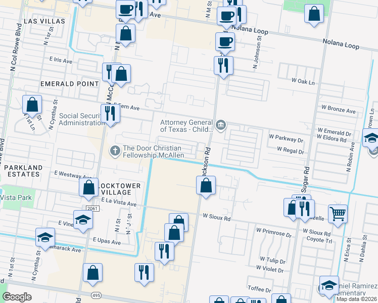 map of restaurants, bars, coffee shops, grocery stores, and more near 1317 East Camellia Avenue in McAllen