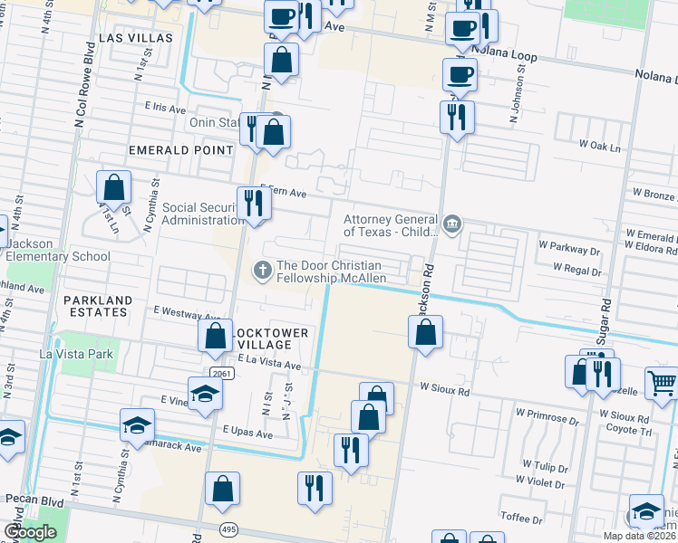 map of restaurants, bars, coffee shops, grocery stores, and more near 1206 East Camellia Avenue in McAllen