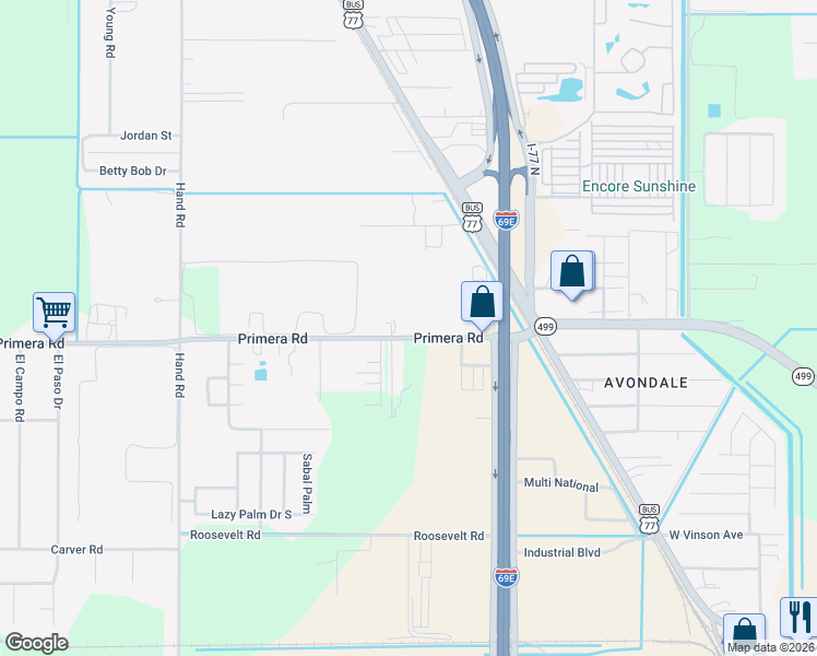 map of restaurants, bars, coffee shops, grocery stores, and more near 18483 Primera Road in Harlingen