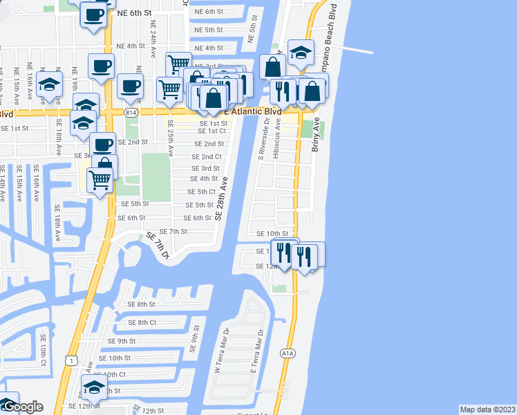 map of restaurants, bars, coffee shops, grocery stores, and more near 3204 Southeast 7th Street in Pompano Beach