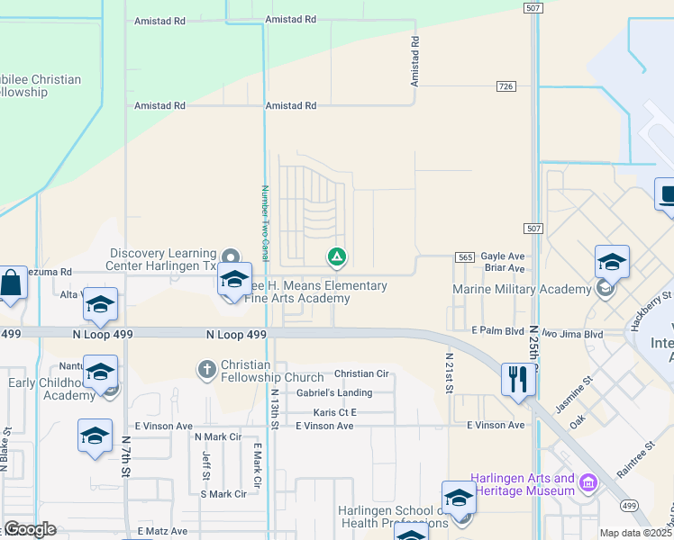 map of restaurants, bars, coffee shops, grocery stores, and more near 1501 North Loop 499 in Harlingen