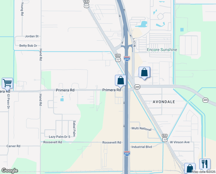 map of restaurants, bars, coffee shops, grocery stores, and more near 18529 Primera Road in Harlingen