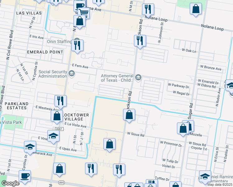 map of restaurants, bars, coffee shops, grocery stores, and more near 1313 East Camellia Avenue in McAllen