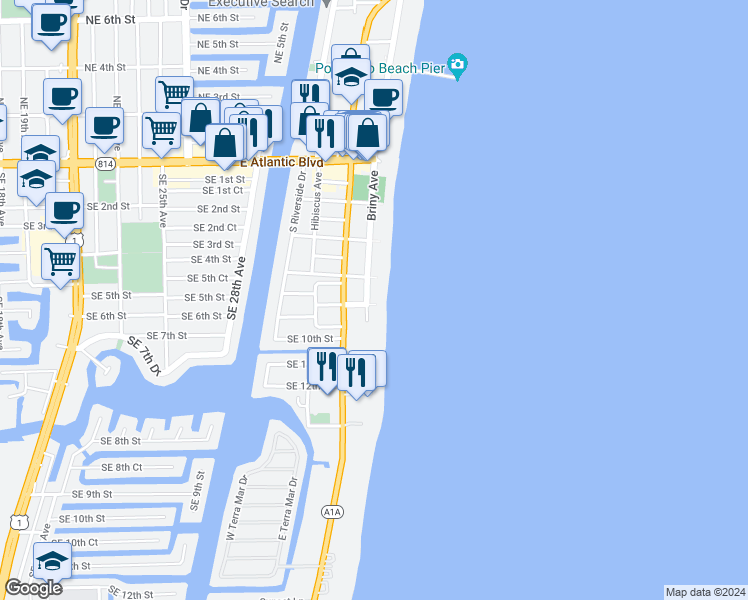 map of restaurants, bars, coffee shops, grocery stores, and more near 812 Briny Avenue in Pompano Beach