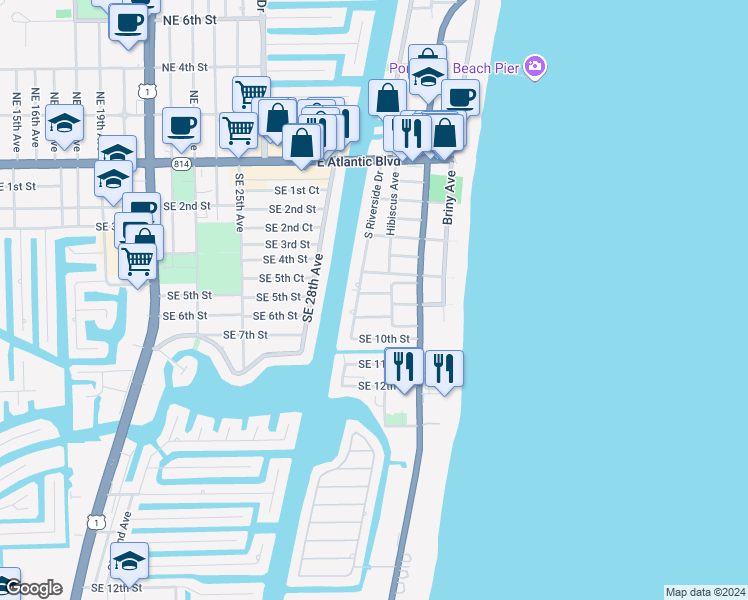 map of restaurants, bars, coffee shops, grocery stores, and more near 3251 Southeast 8th Street in Pompano Beach