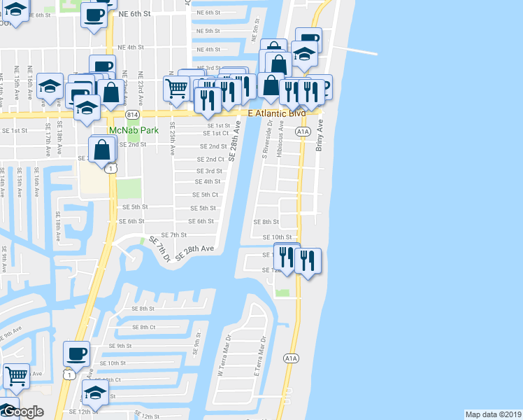 map of restaurants, bars, coffee shops, grocery stores, and more near 3203 Southeast 8th Street in Pompano Beach