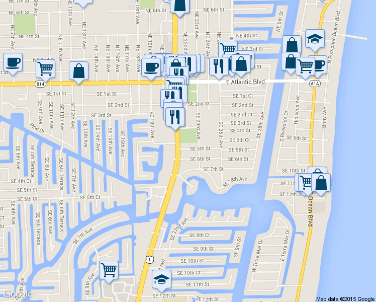map of restaurants, bars, coffee shops, grocery stores, and more near 2223 Southeast 6th Street in Pompano Beach