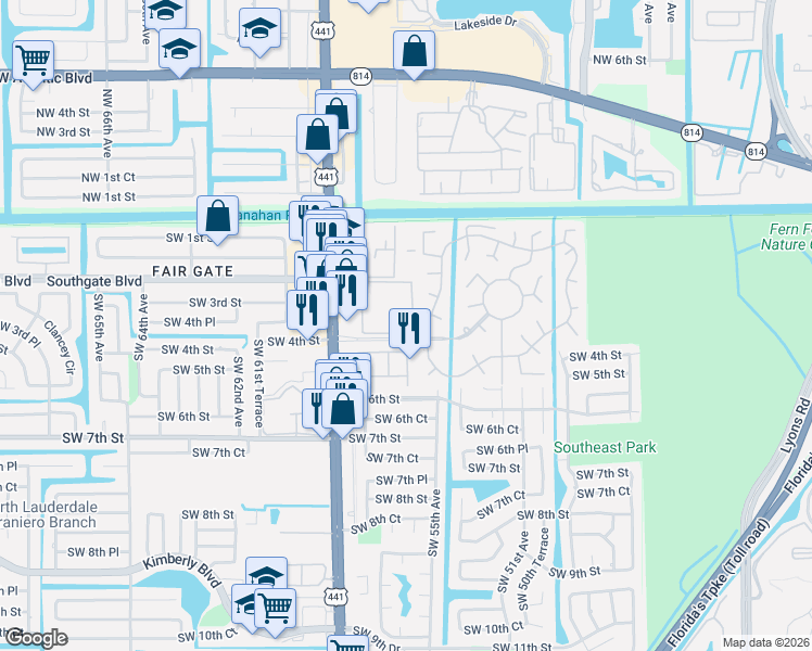 map of restaurants, bars, coffee shops, grocery stores, and more near 5521 Monte Carlo Place in Margate