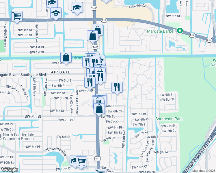 map of restaurants, bars, coffee shops, grocery stores, and more near 5617 Monte Carlo Place in Margate