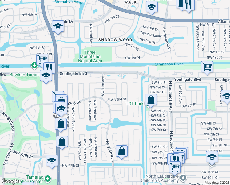 map of restaurants, bars, coffee shops, grocery stores, and more near 8211 Northwest 68th Terrace in Tamarac
