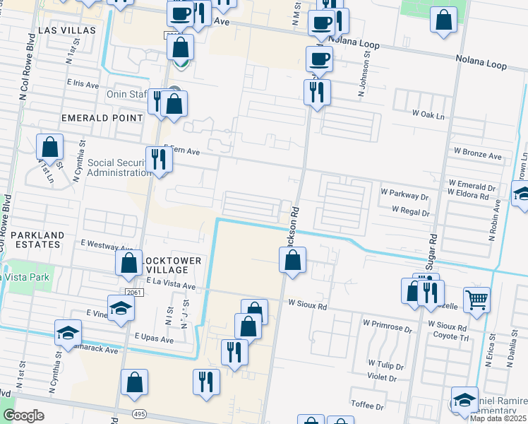 map of restaurants, bars, coffee shops, grocery stores, and more near 1300 East Camellia Avenue in McAllen
