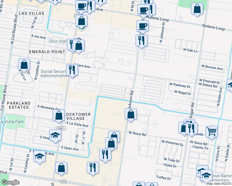 map of restaurants, bars, coffee shops, grocery stores, and more near 1300 East Camellia Avenue in McAllen
