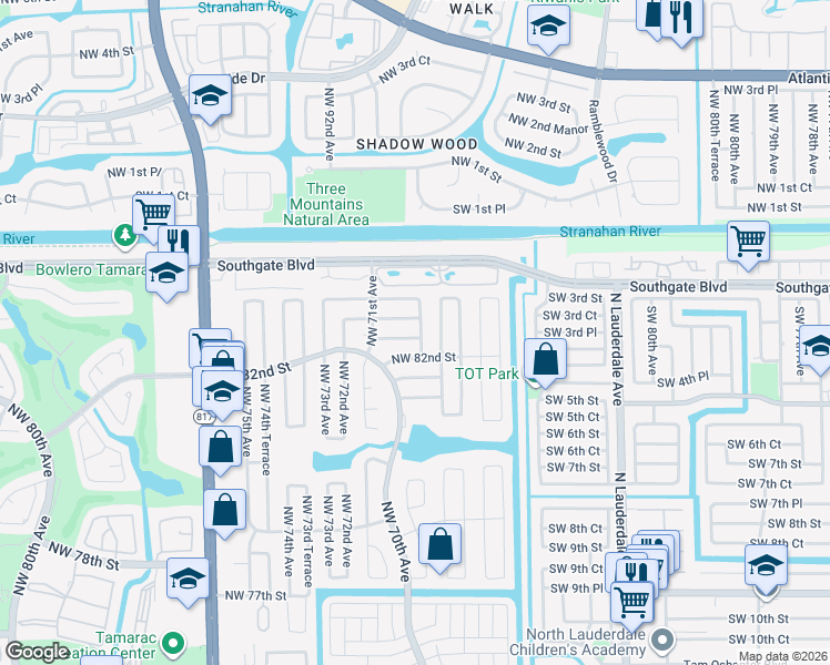 map of restaurants, bars, coffee shops, grocery stores, and more near 8211 Northwest 68th Terrace in Tamarac