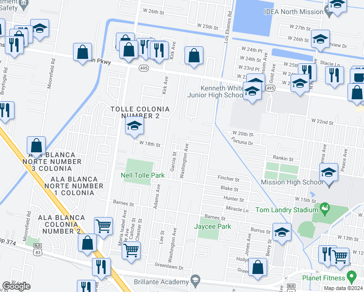 map of restaurants, bars, coffee shops, grocery stores, and more near 1801 Washington Street in Mission