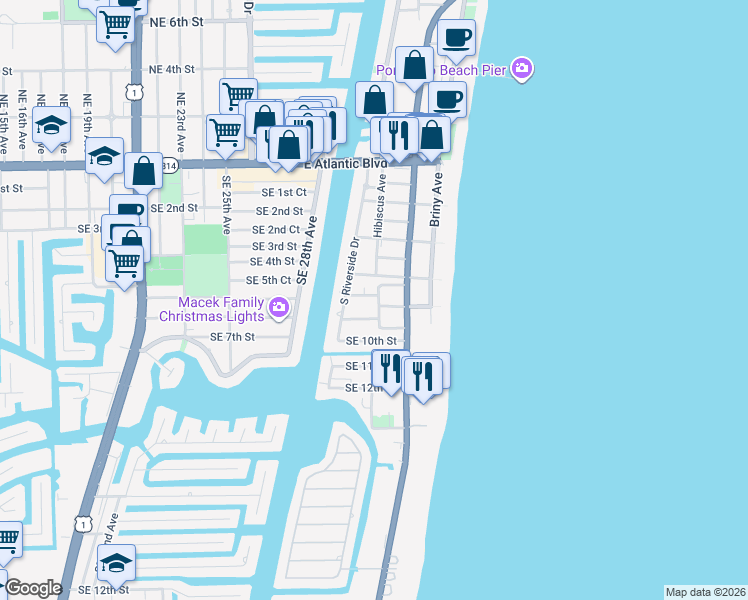 map of restaurants, bars, coffee shops, grocery stores, and more near 741 Hibiscus Avenue in Pompano Beach