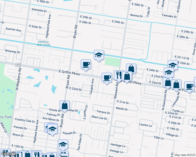 map of restaurants, bars, coffee shops, grocery stores, and more near 2219 Royal Palm Drive in Mission