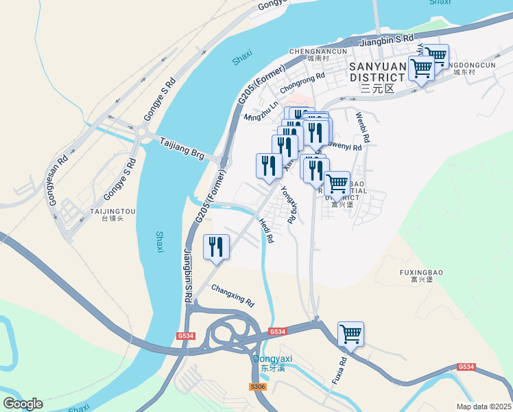 map of restaurants, bars, coffee shops, grocery stores, and more near 77 Xinshi South Road in Sanming Shi