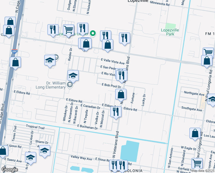 map of restaurants, bars, coffee shops, grocery stores, and more near 1106 East Bob Pool Drive in Pharr